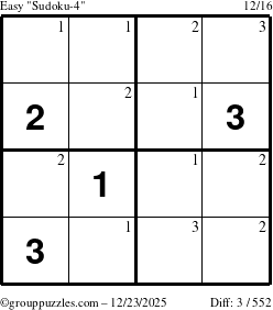 The grouppuzzles.com Easy Sudoku-4 puzzle for Tuesday December 23, 2025 with the first 3 steps marked