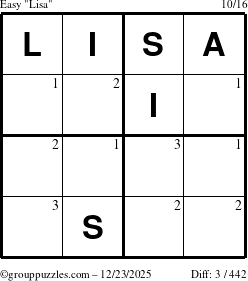 The grouppuzzles.com Easy Lisa puzzle for Tuesday December 23, 2025 with the first 3 steps marked