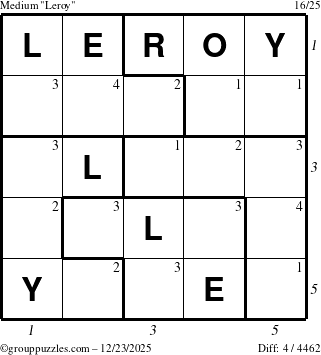 The grouppuzzles.com Medium Leroy puzzle for Tuesday December 23, 2025, suitable for printing, with all 4 steps marked