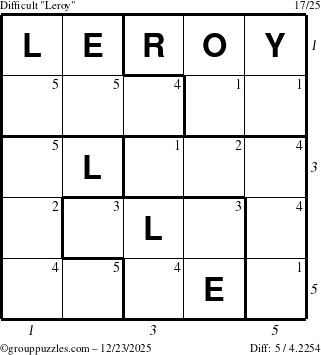 The grouppuzzles.com Difficult Leroy puzzle for Tuesday December 23, 2025, suitable for printing, with all 5 steps marked