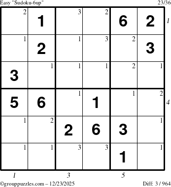 The grouppuzzles.com Easy Sudoku-6up puzzle for Tuesday December 23, 2025 with all 3 steps marked