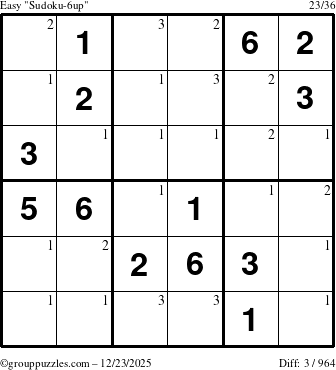 The grouppuzzles.com Easy Sudoku-6up puzzle for Tuesday December 23, 2025 with the first 3 steps marked