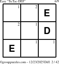 The grouppuzzles.com Easy TicTac-DEF puzzle for Tuesday December 23, 2025 with the first 2 steps marked