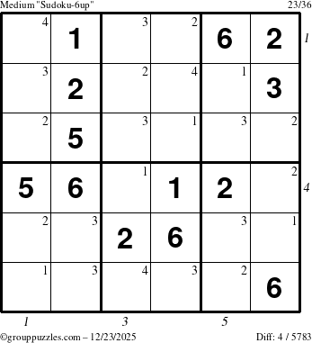 The grouppuzzles.com Medium Sudoku-6up puzzle for Tuesday December 23, 2025, suitable for printing, with all 4 steps marked