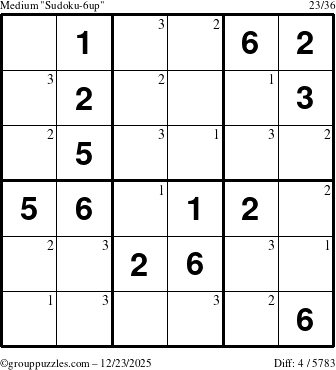 The grouppuzzles.com Medium Sudoku-6up puzzle for Tuesday December 23, 2025 with the first 3 steps marked