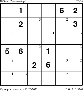 The grouppuzzles.com Difficult Sudoku-6up puzzle for Tuesday December 23, 2025 with the first 3 steps marked
