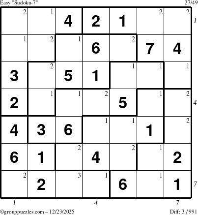 The grouppuzzles.com Easy Sudoku-7 puzzle for Tuesday December 23, 2025, suitable for printing, with all 3 steps marked