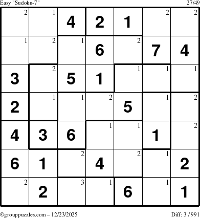The grouppuzzles.com Easy Sudoku-7 puzzle for Tuesday December 23, 2025 with the first 3 steps marked