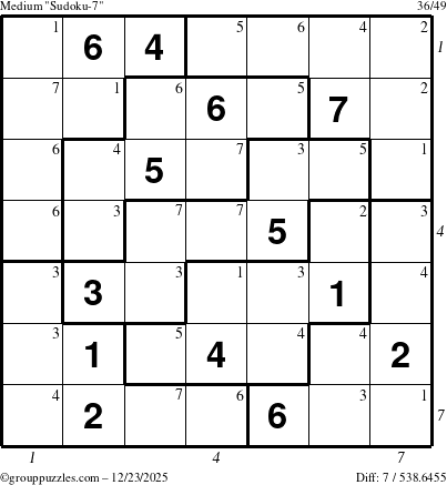 The grouppuzzles.com Medium Sudoku-7 puzzle for Tuesday December 23, 2025, suitable for printing, with all 7 steps marked