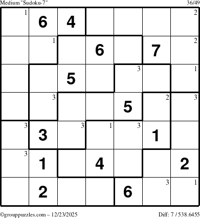 The grouppuzzles.com Medium Sudoku-7 puzzle for Tuesday December 23, 2025 with the first 3 steps marked