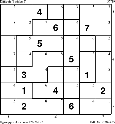 The grouppuzzles.com Difficult Sudoku-7 puzzle for Tuesday December 23, 2025, suitable for printing, with all 8 steps marked