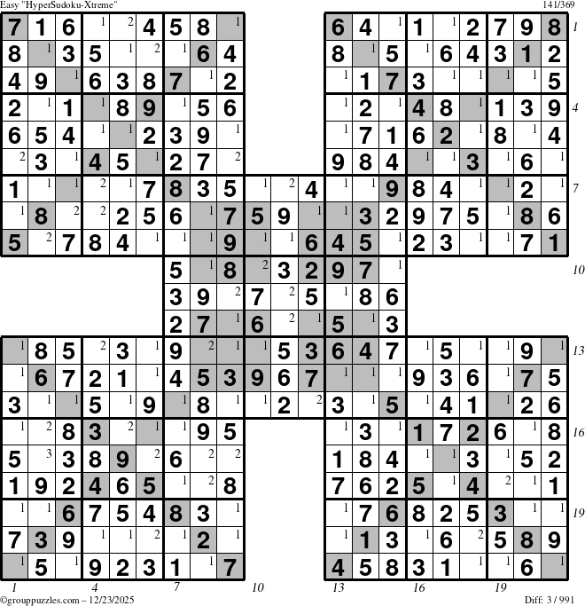 The grouppuzzles.com Easy HyperSudoku-Xtreme puzzle for Tuesday December 23, 2025, suitable for printing, with all 3 steps marked