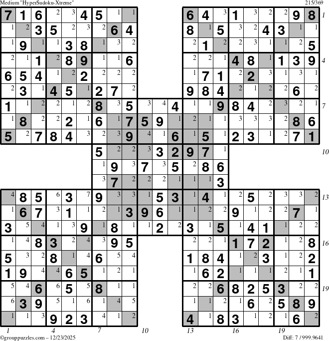 The grouppuzzles.com Medium HyperSudoku-Xtreme puzzle for Tuesday December 23, 2025 with all 7 steps marked