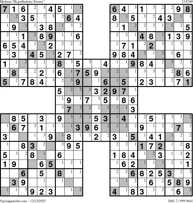 The grouppuzzles.com Medium HyperSudoku-Xtreme puzzle for Tuesday December 23, 2025 with the first 3 steps marked