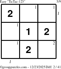 The grouppuzzles.com Easy TicTac-123 puzzle for Tuesday December 23, 2025 with all 2 steps marked