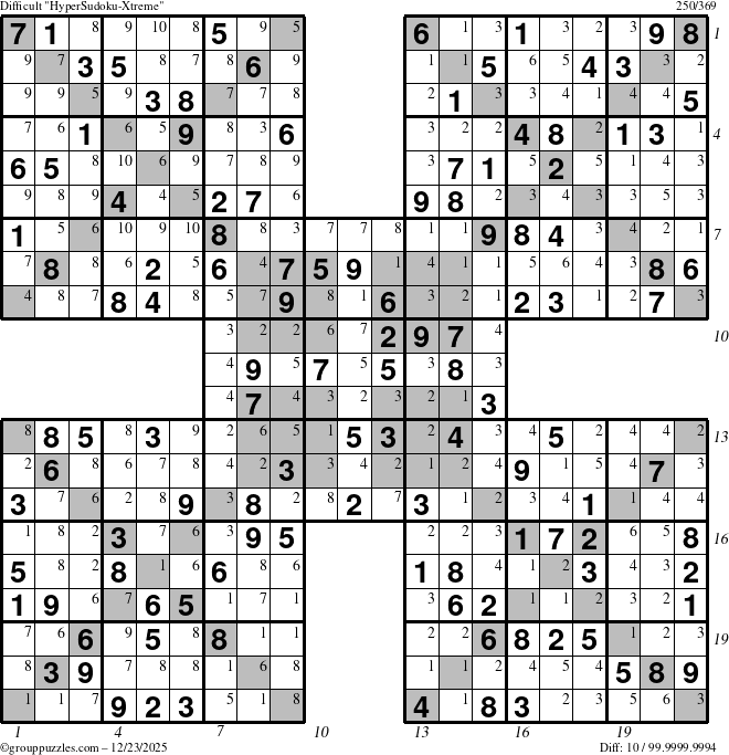 The grouppuzzles.com Difficult HyperSudoku-Xtreme puzzle for Tuesday December 23, 2025, suitable for printing, with all 10 steps marked