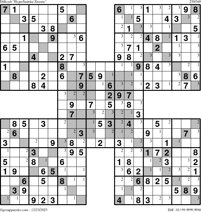 The grouppuzzles.com Difficult HyperSudoku-Xtreme puzzle for Tuesday December 23, 2025 with the first 3 steps marked