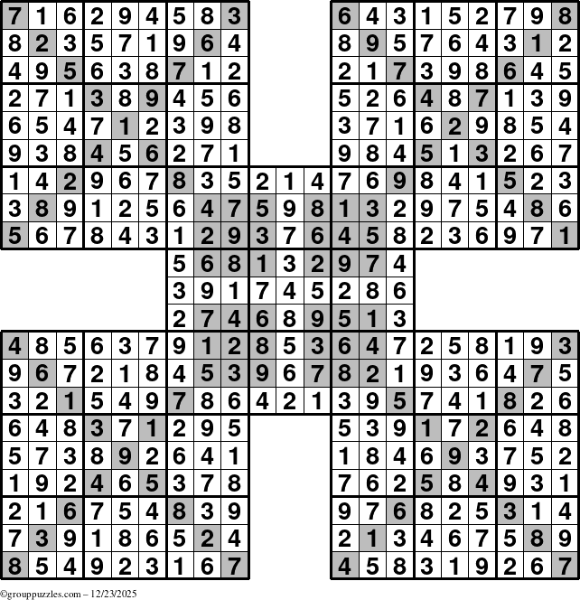 The grouppuzzles.com Answer grid for the HyperSudoku-Xtreme puzzle for Tuesday December 23, 2025