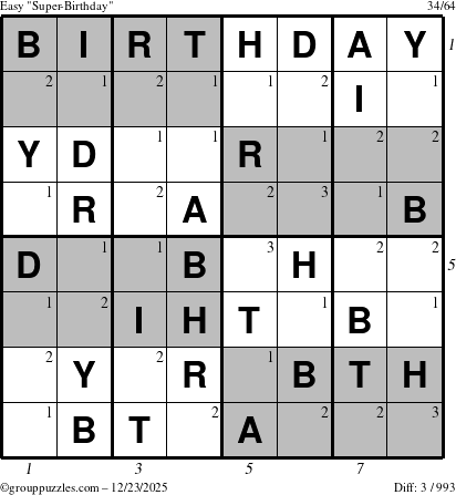 The grouppuzzles.com Easy Super-Birthday puzzle for Tuesday December 23, 2025 with all 3 steps marked