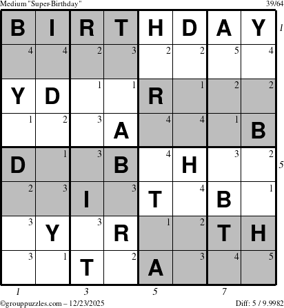 The grouppuzzles.com Medium Super-Birthday puzzle for Tuesday December 23, 2025, suitable for printing, with all 5 steps marked