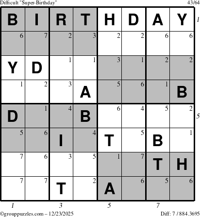 The grouppuzzles.com Difficult Super-Birthday puzzle for Tuesday December 23, 2025 with all 7 steps marked