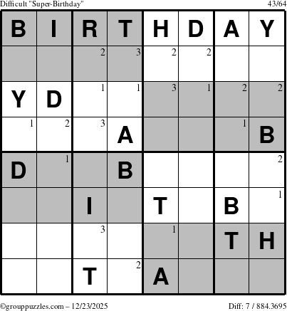 The grouppuzzles.com Difficult Super-Birthday puzzle for Tuesday December 23, 2025 with the first 3 steps marked