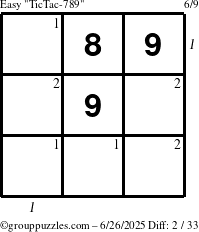 The grouppuzzles.com Easy TicTac-789 puzzle for Thursday June 26, 2025 with all 2 steps marked