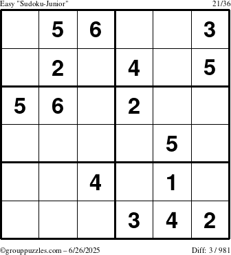 The grouppuzzles.com Easy Sudoku-Junior puzzle for Thursday June 26, 2025