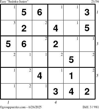 The grouppuzzles.com Easy Sudoku-Junior puzzle for Thursday June 26, 2025 with all 3 steps marked