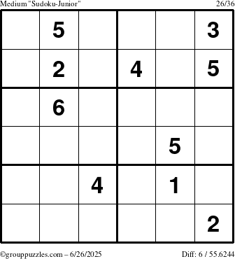 The grouppuzzles.com Medium Sudoku-Junior puzzle for Thursday June 26, 2025