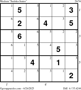 The grouppuzzles.com Medium Sudoku-Junior puzzle for Thursday June 26, 2025 with all 6 steps marked