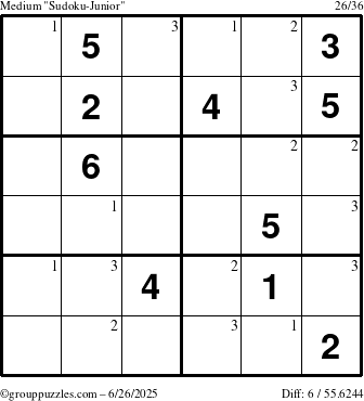 The grouppuzzles.com Medium Sudoku-Junior puzzle for Thursday June 26, 2025 with the first 3 steps marked