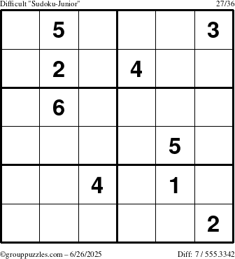 The grouppuzzles.com Difficult Sudoku-Junior puzzle for Thursday June 26, 2025