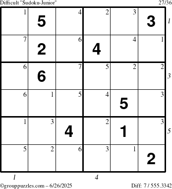 The grouppuzzles.com Difficult Sudoku-Junior puzzle for Thursday June 26, 2025 with all 7 steps marked