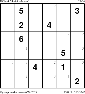 The grouppuzzles.com Difficult Sudoku-Junior puzzle for Thursday June 26, 2025 with the first 3 steps marked