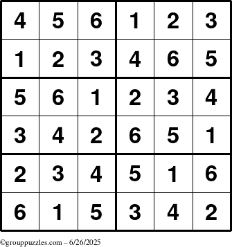 The grouppuzzles.com Answer grid for the Sudoku-Junior puzzle for Thursday June 26, 2025