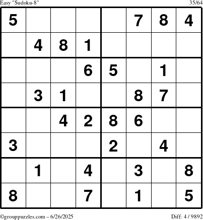 The grouppuzzles.com Easy Sudoku-8 puzzle for Thursday June 26, 2025