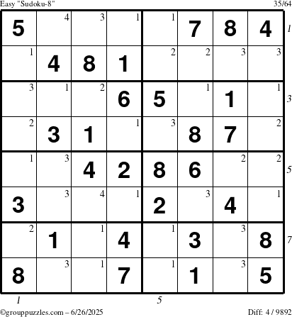 The grouppuzzles.com Easy Sudoku-8 puzzle for Thursday June 26, 2025 with all 4 steps marked