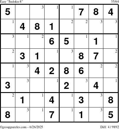The grouppuzzles.com Easy Sudoku-8 puzzle for Thursday June 26, 2025 with the first 3 steps marked
