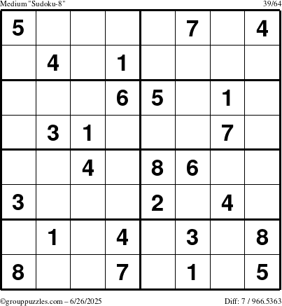 The grouppuzzles.com Medium Sudoku-8 puzzle for Thursday June 26, 2025