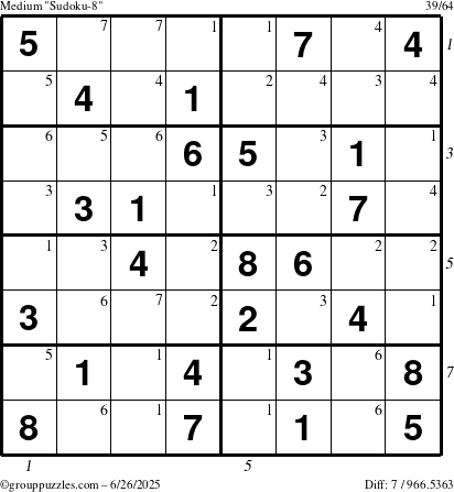 The grouppuzzles.com Medium Sudoku-8 puzzle for Thursday June 26, 2025 with all 7 steps marked