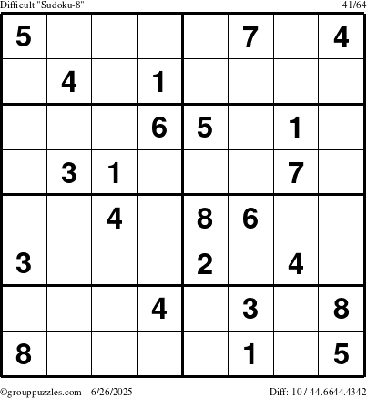 The grouppuzzles.com Difficult Sudoku-8 puzzle for Thursday June 26, 2025