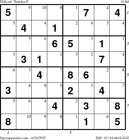 The grouppuzzles.com Difficult Sudoku-8 puzzle for Thursday June 26, 2025, suitable for printing, with all 10 steps marked