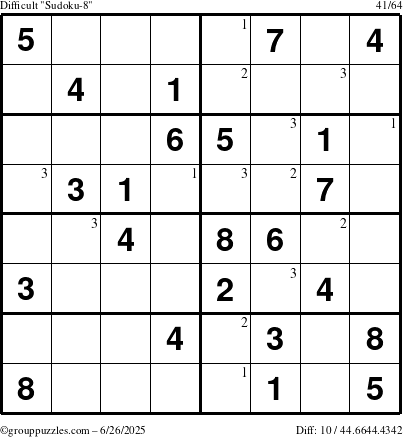 The grouppuzzles.com Difficult Sudoku-8 puzzle for Thursday June 26, 2025 with the first 3 steps marked