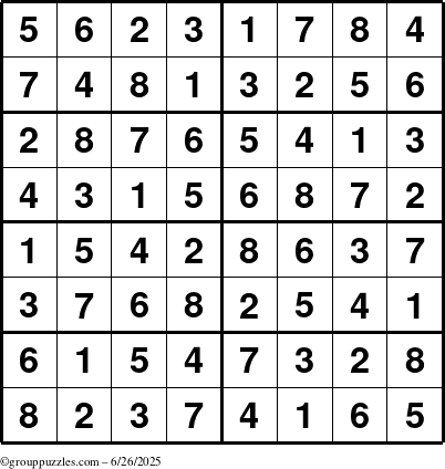 The grouppuzzles.com Answer grid for the Sudoku-8 puzzle for Thursday June 26, 2025
