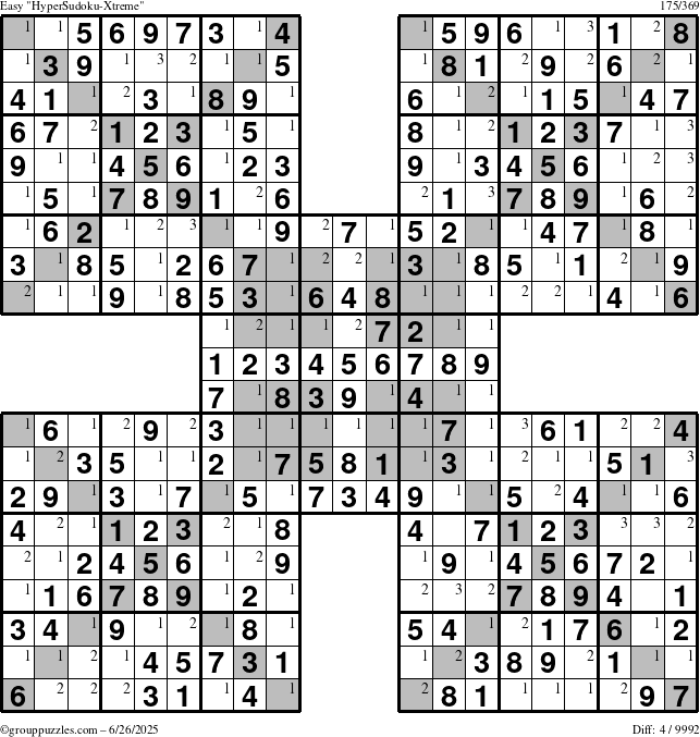 The grouppuzzles.com Easy cover-HyperXtreme puzzle for Thursday June 26, 2025 with the first 3 steps marked