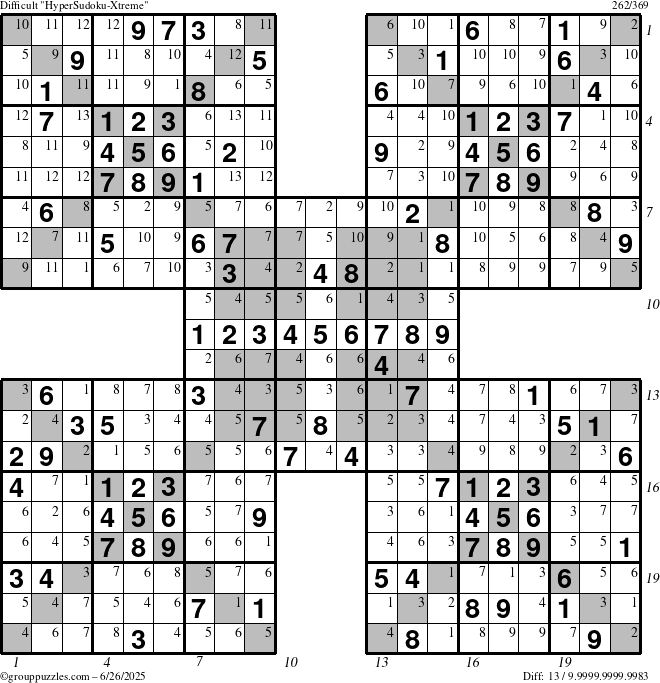 The grouppuzzles.com Difficult cover-HyperXtreme puzzle for Thursday June 26, 2025 with all 13 steps marked