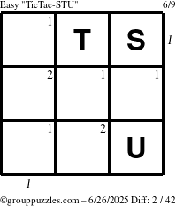 The grouppuzzles.com Easy TicTac-STU puzzle for Thursday June 26, 2025 with all 2 steps marked