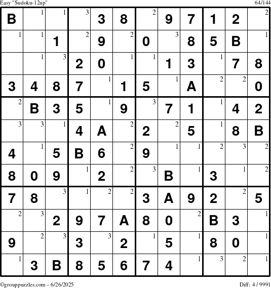The grouppuzzles.com Easy Sudoku-12up puzzle for Thursday June 26, 2025 with the first 3 steps marked