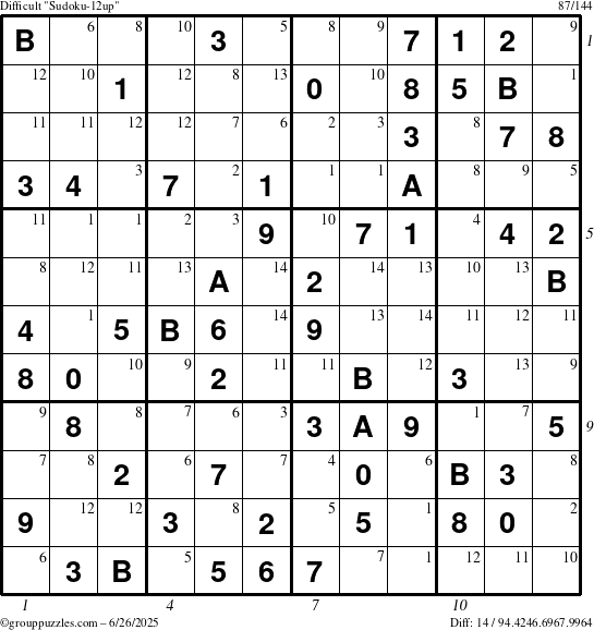 The grouppuzzles.com Difficult Sudoku-12up puzzle for Thursday June 26, 2025 with all 14 steps marked